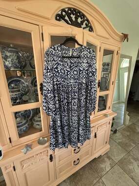 Lola Australia Blue and White Ikat Print Tiered Mini Dress with Tassel Ties